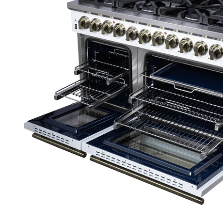 Forno Massimo 48 Inch Freestanding Dual Fuel Range in White with Antique Brass Accessories, 8 Burners, 6.58 cu. ft. Convection Oven