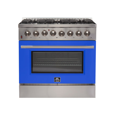 Forno Galiano 36-Inch Freestanding Dual Fuel Range, 6 Burners, Double Convection Ovens, Blue Door