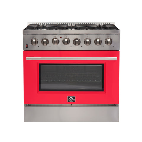 Forno Galiano 36-Inch Freestanding Dual Fuel Range, 6 Burners, Double Convection Ovens, Red Door