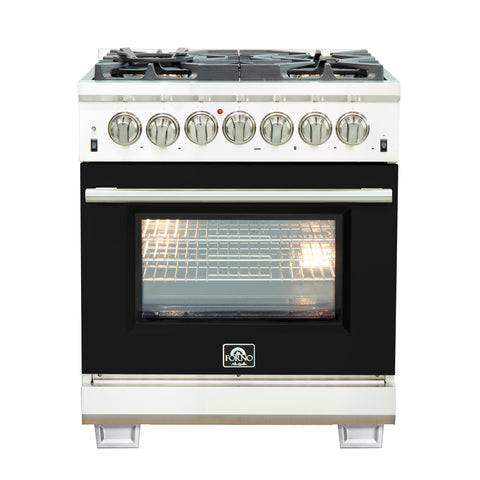 FORNO Capriasca 30-inch Dual Fuel Range Black, 5 Burners, 4.32 cu.ft. True Convection Oven