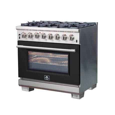 Forno Capriasca 36-Inch Freestanding Dual Fuel Range, 6 Burners, True Convection Oven, Black Door
