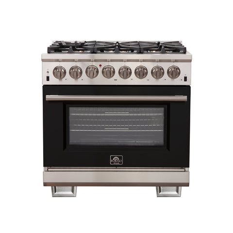 Forno Capriasca 36-Inch Freestanding Dual Fuel Range, 6 Burners, True Convection Oven, Black Door
