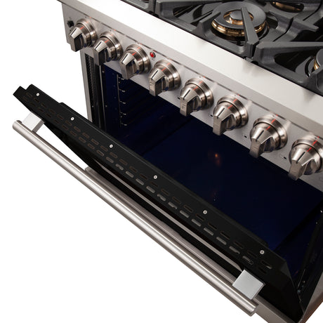 Forno Capriasca 36-Inch Freestanding Dual Fuel Range, 6 Burners, True Convection Oven, Black Door