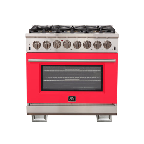 Forno Capriasca 36-Inch Freestanding Dual Fuel Range, 6 Burners, True Convection Oven, Red Door