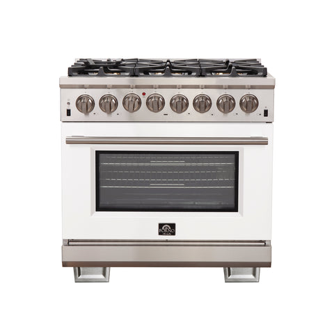 Forno Capriasca 36-Inch Freestanding Dual Fuel Range, 6 Burners, True Convection Oven, White Door