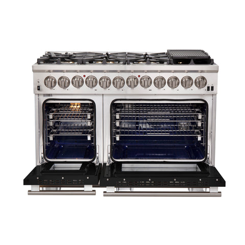 Forno Capriasca 48-Inch Freestanding Dual Fuel Range, 8 Burners, True Convection Oven, Black Doors