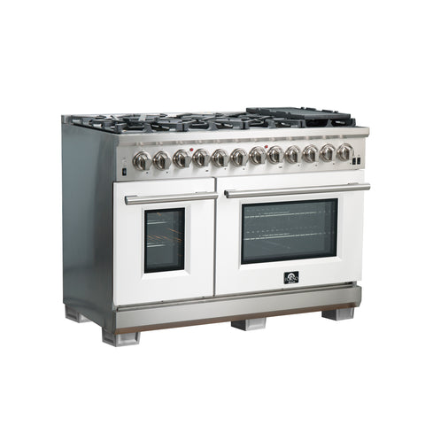 Forno Capriasca 48-Inch Freestanding Dual Fuel Range, 8 Burners, True Convection Oven, White Doors