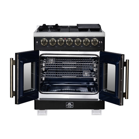 Forno Capriasca 30-Inch Freestanding French Door Dual Fuel Range in Black with Antique Brass Accessories, 5 Burners, True Convection Oven