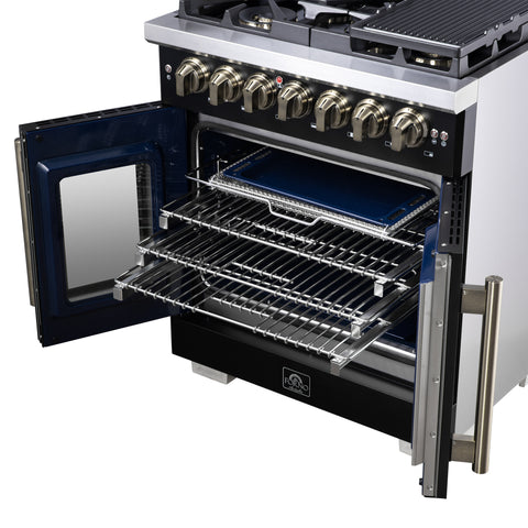 Forno Capriasca 30-Inch Freestanding French Door Dual Fuel Range in Black with Antique Brass Accessories, 5 Burners, True Convection Oven