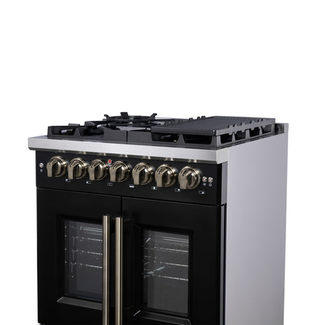 Forno Capriasca 30-Inch Freestanding French Door Dual Fuel Range in Black with Antique Brass Accessories, 5 Burners, True Convection Oven