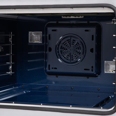 Forno Capriasca 30-Inch Freestanding French Door Dual Fuel Range in White with Antique Brass Accessories, 5 Burners, True Convection Oven