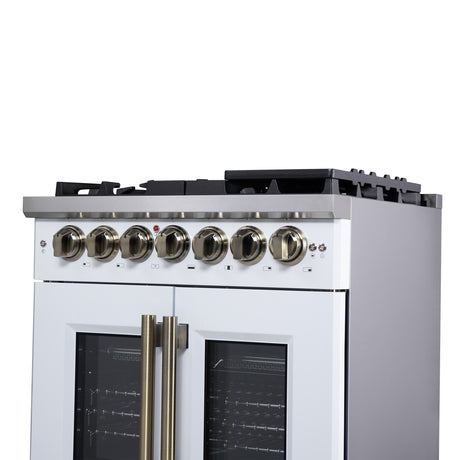 Forno Capriasca 30-Inch Freestanding French Door Dual Fuel Range in White with Antique Brass Accessories, 5 Burners, True Convection Oven