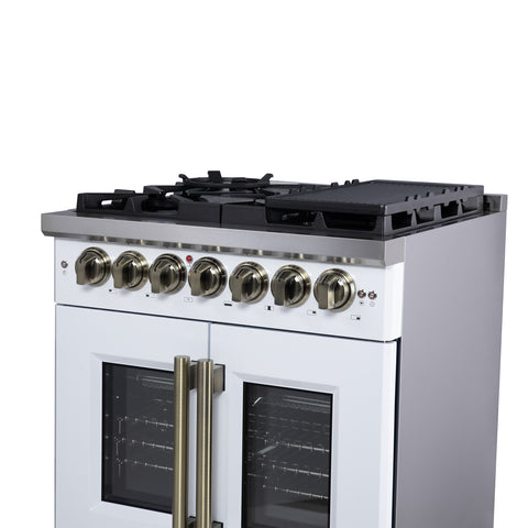 Forno Capriasca 30-Inch Freestanding French Door Dual Fuel Range in White with Antique Brass Accessories, 5 Burners, True Convection Oven