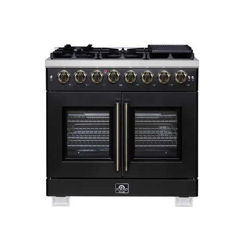 Forno Capriasca 36 Inch Freestanding French Door Dual Fuel Range in Black with Antique Brass Accessories, 6 Burners, True Convection Oven