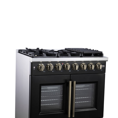 Forno Capriasca 36 Inch Freestanding French Door Dual Fuel Range in Black with Antique Brass Accessories, 6 Burners, True Convection Oven