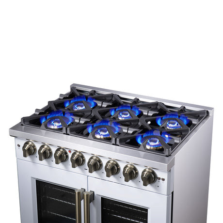 Forno Capriasca 36 Inch Freestanding French Door Dual Fuel Range in White with Antique Brass Accessories, 6 Burners, True Convection Oven