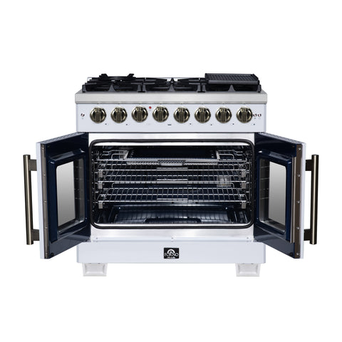 Forno Capriasca 36 Inch Freestanding French Door Dual Fuel Range in White with Antique Brass Accessories, 6 Burners, True Convection Oven