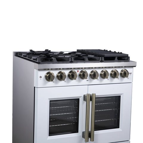 Forno Capriasca 36 Inch Freestanding French Door Dual Fuel Range in White with Antique Brass Accessories, 6 Burners, True Convection Oven