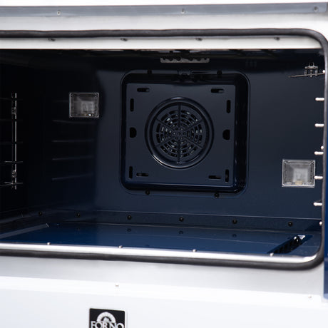 Forno Capriasca 36 Inch Freestanding French Door Dual Fuel Range in White with Antique Brass Accessories, 6 Burners, True Convection Oven