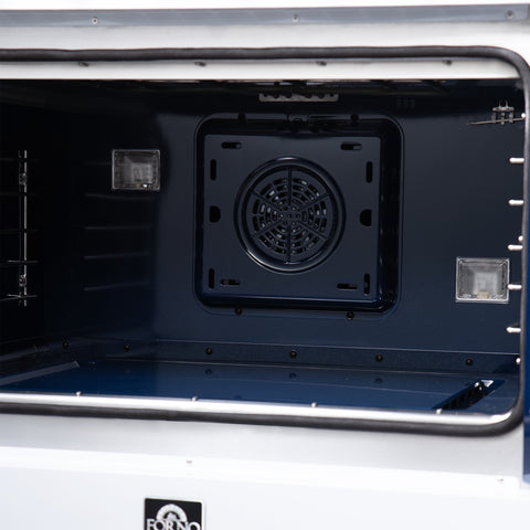 Forno Capriasca 36 Inch Freestanding French Door Dual Fuel Range in White with Antique Brass Accessories, 6 Burners, True Convection Oven