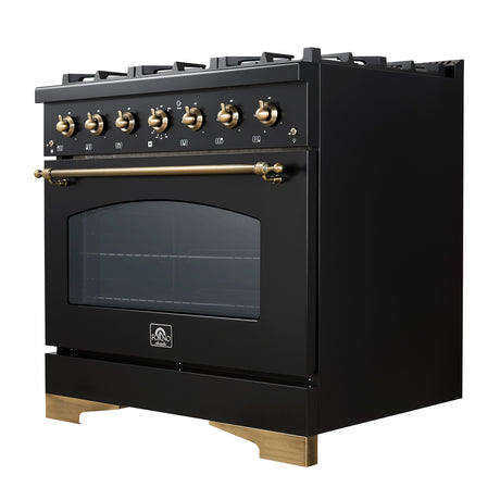 Forno Antico 36-inch Dual Fuel Range, Black and Antique Brass, 6 Burners, 4.5 cu.ft. Convection Oven