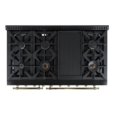 Forno Antico 48-Inch Dual Fuel Range, Black with Antique Brass Finish, 8 Burners, 94,000 BTU, 5.5 cu.ft. Double Ovens & Griddle