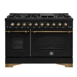 Forno Antico 48-Inch Dual Fuel Range, Black with Antique Brass Finish, 8 Burners, 94,000 BTU, 5.5 cu.ft. Double Ovens & Griddle