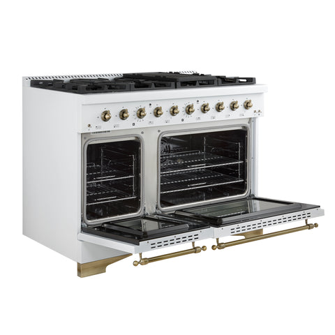 Forno Antico 48-Inch Dual Fuel Range, White with Antique Brass Finish, 8 Burners, 94,000 BTU, 5.5 cu.ft. Double Ovens & Griddle