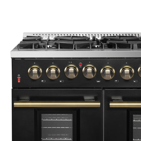 Galiano 48-inch Dual Fuel Range Black & Antique Brass Design with 8 Sealed Burners 107,000 BTU, 6.58 cu. ft. double ovens & Griddle