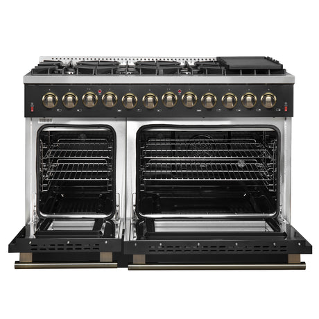 Galiano 48-inch Dual Fuel Range Black & Antique Brass Design with 8 Sealed Burners 107,000 BTU, 6.58 cu. ft. double ovens & Griddle