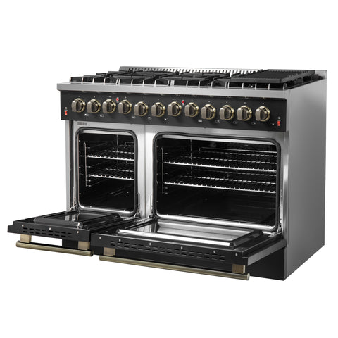 Galiano 48-inch Dual Fuel Range Black & Antique Brass Design with 8 Sealed Burners 107,000 BTU, 6.58 cu. ft. double ovens & Griddle