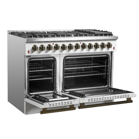 Galiano 48-inch Dual Fuel Range White & Antique Brass Design with 8 Sealed Burners 107,000 BTU, 6.58 cu. ft. double ovens & Griddle