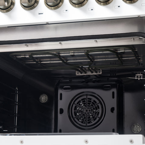 Forno Galiano 48-inch French Door Dual Fuel Range, White & Antique Brass Design, 8 Sealed Burners - 107,000 BTU, Griddle, 6.58 cu.ft. Double Ovens