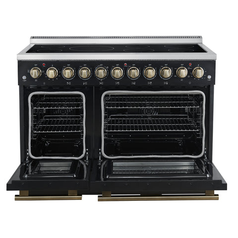 Forno Paolo 48 Inch Freestanding Electric Range in Black with Antique Brass, 6.7 cu.ft, True Convection Oven, Energy Efficient