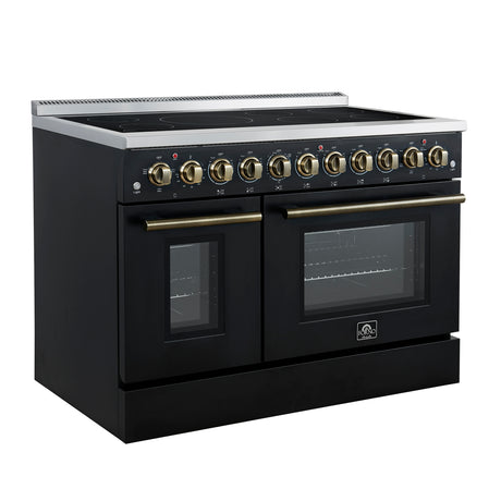 Forno Paolo 48 Inch Freestanding Electric Range in Black with Antique Brass, 6.7 cu.ft, True Convection Oven, Energy Efficient