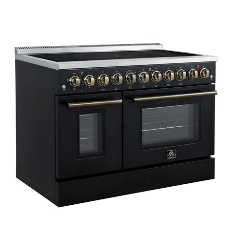 Forno Paolo 48 Inch Freestanding Electric Range in Black with Antique Brass, 6.7 cu.ft, True Convection Oven, Energy Efficient