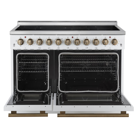 Forno Paolo 48 Inch Freestanding Electric Range in White with Antique Brass, 6.7 cu.ft, True Convection Oven, Energy Efficient