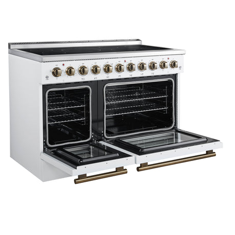 Forno Paolo 48 Inch Freestanding Electric Range in White with Antique Brass, 6.7 cu.ft, True Convection Oven, Energy Efficient