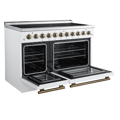 Forno Paolo 48 Inch Freestanding Electric Range in White with Antique Brass, 6.7 cu.ft, True Convection Oven, Energy Efficient