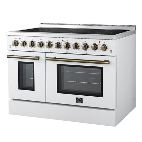 Forno Paolo 48 Inch Freestanding Electric Range in White with Antique Brass, 6.7 cu.ft, True Convection Oven, Energy Efficient