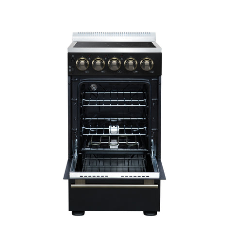 Forno Pallerano 20 Inch Freestanding Electric Range in Black with Antique Brass, Compact Design