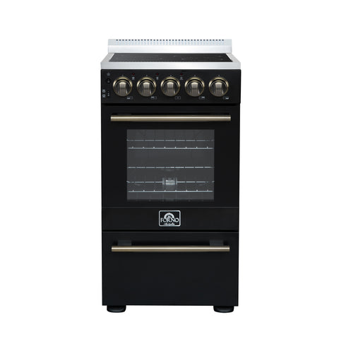 Forno Pallerano 20 Inch Freestanding Electric Range in Black with Antique Brass, Compact Design