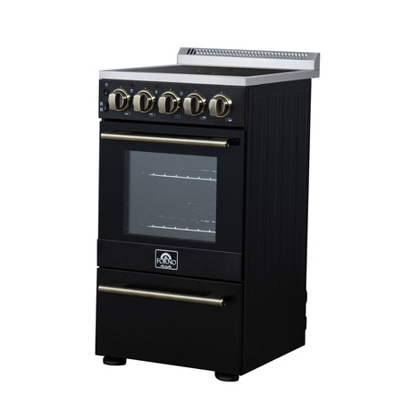 Forno Pallerano 20 Inch Freestanding Electric Range in Black with Antique Brass, Compact Design