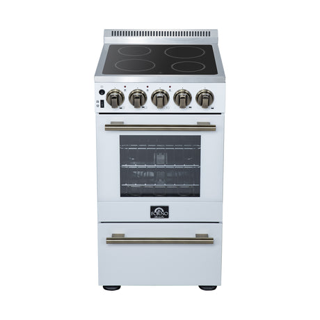 Forno Pallerano 20 Inch Freestanding Electric Range in White with Antique Brass, Compact Design