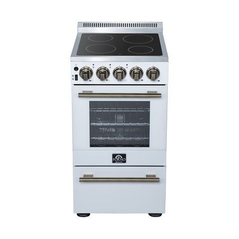 Forno Pallerano 20 Inch Freestanding Electric Range in White with Antique Brass, Compact Design