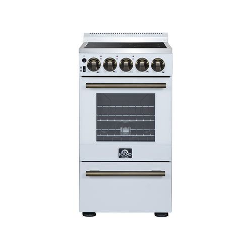 Forno Pallerano 20 Inch Freestanding Electric Range in White with Antique Brass, Compact Design