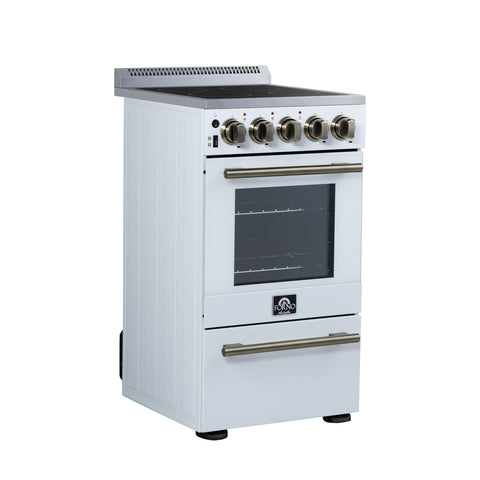 Forno Pallerano 20 Inch Freestanding Electric Range in White with Antique Brass, Compact Design