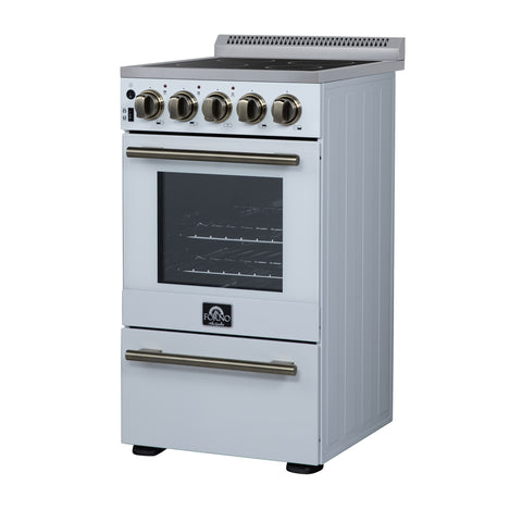 Forno Pallerano 20 Inch Freestanding Electric Range in White with Antique Brass, Compact Design