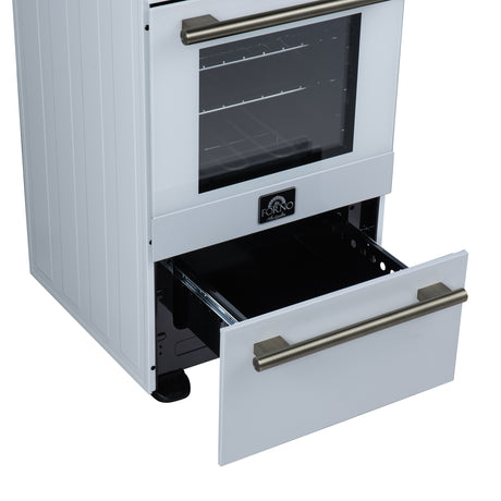 Forno Pallerano 20 Inch Freestanding Electric Range in White with Antique Brass, Compact Design