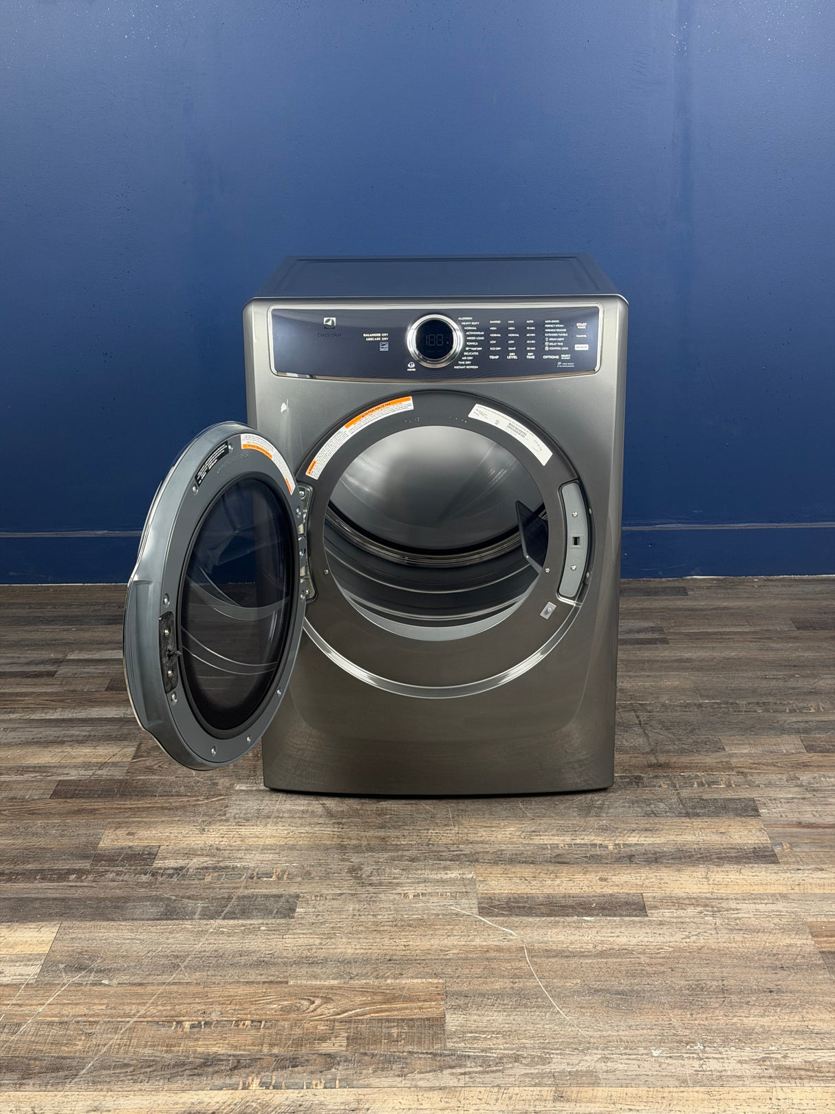 Frigidaire - 8 cu. ft. vented Front Load Stackable Electric Dryer in Titanium with LuxCare Dry and Perfect Steam